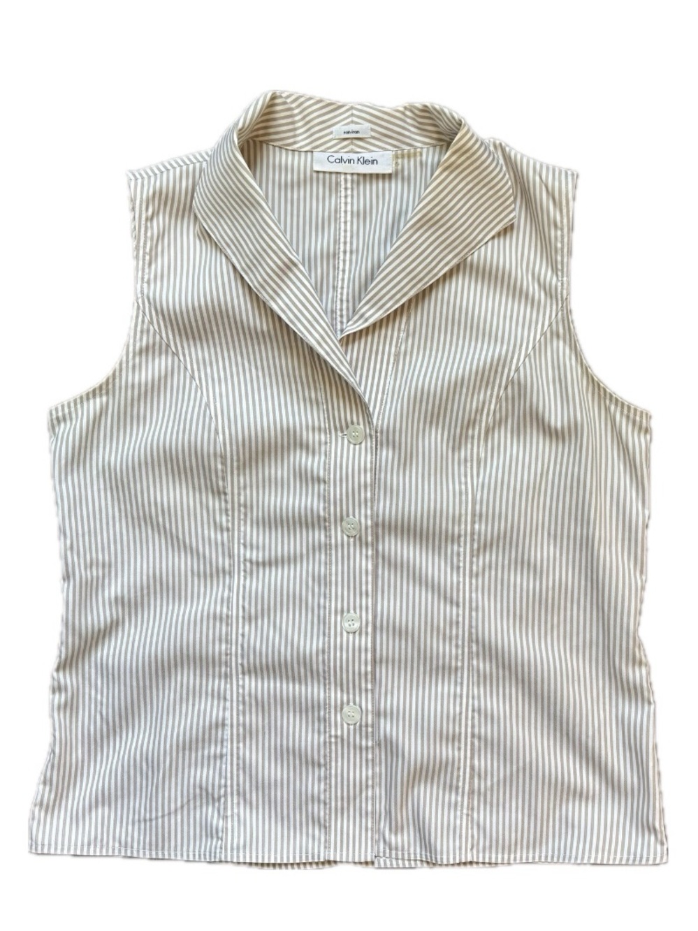 Calvin Klein Khaki White Pinstripe Sleeveless Button Top Non-Iron Small
